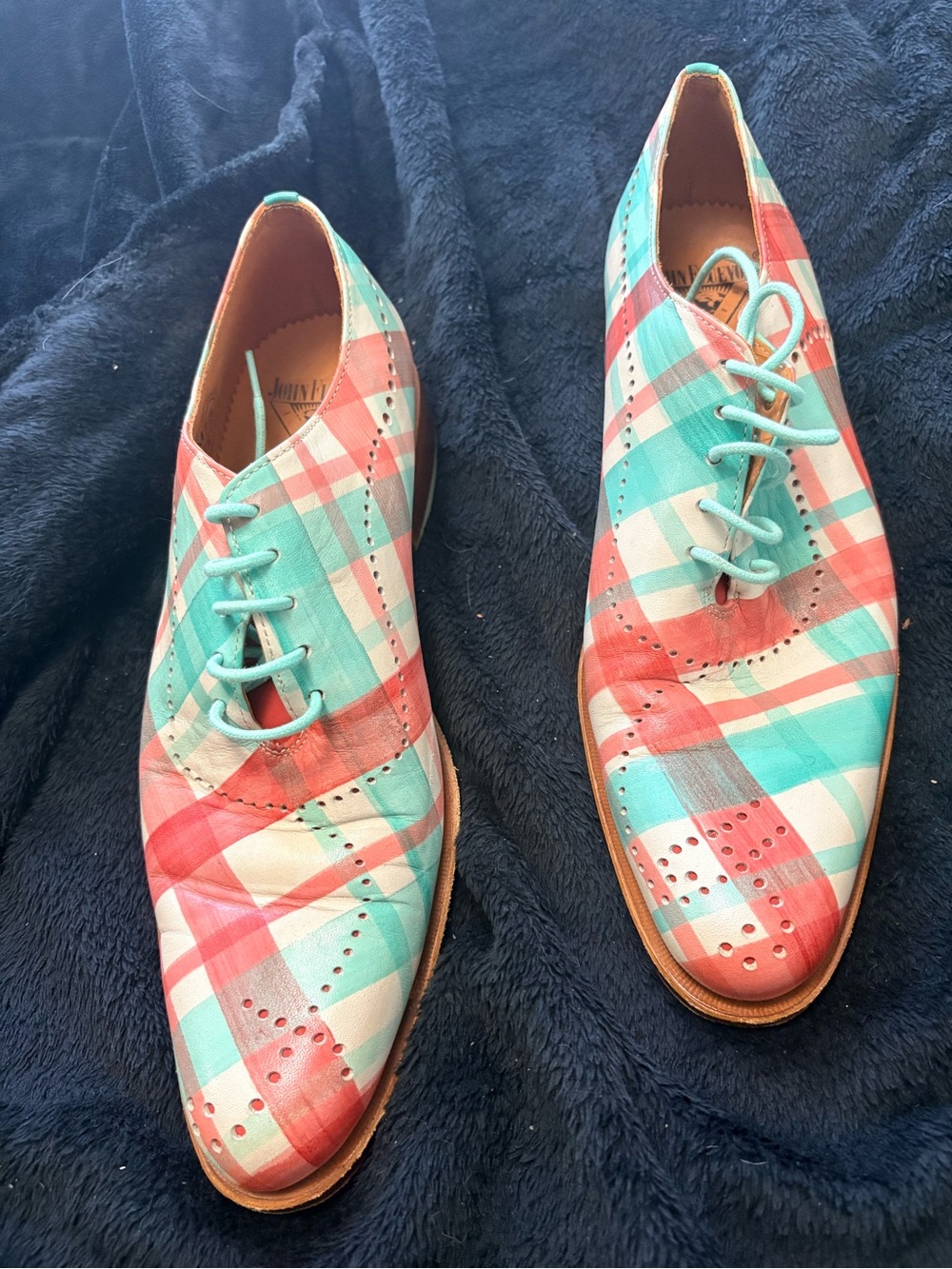 John Fluevog Plaid Oxford Shoes in Teal and Coral